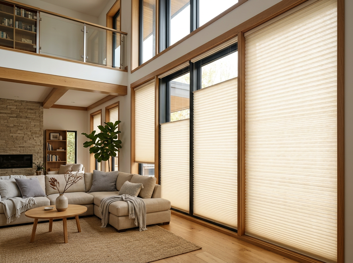Cellular honeycomb blind showing its concertina air cells filtering warm light in a double-volume living room