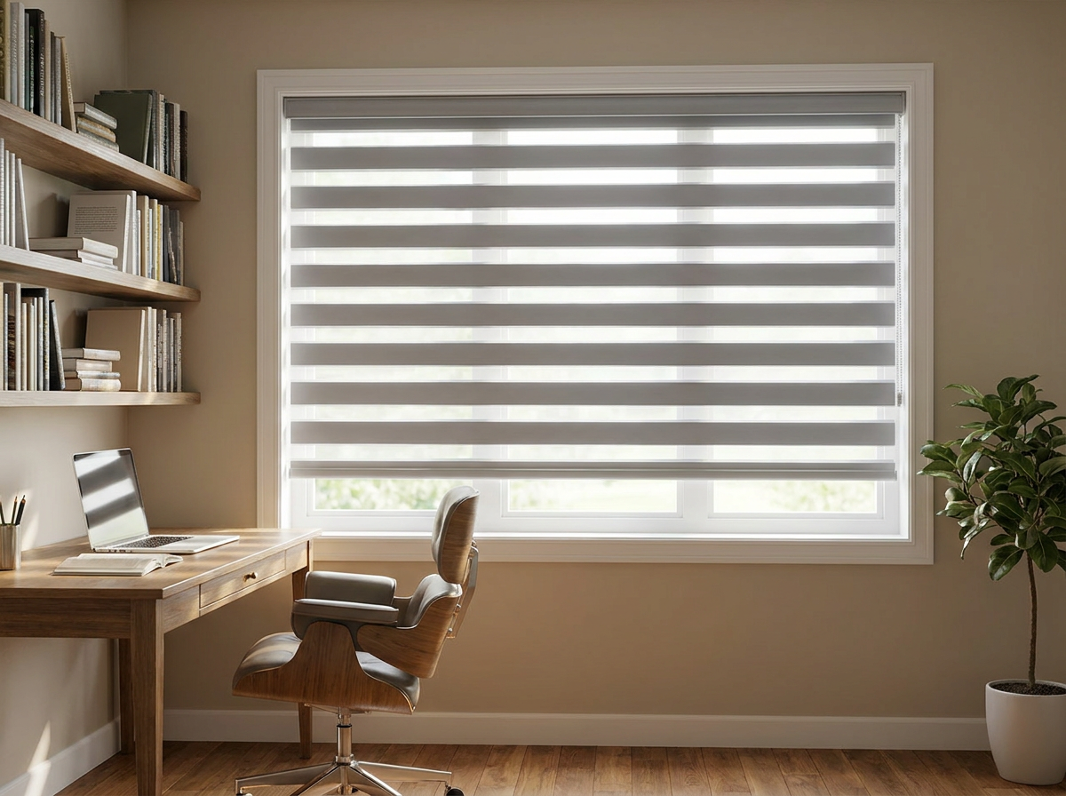 Day-night blind with alternating sheer and solid horizontal bands over a home-office window