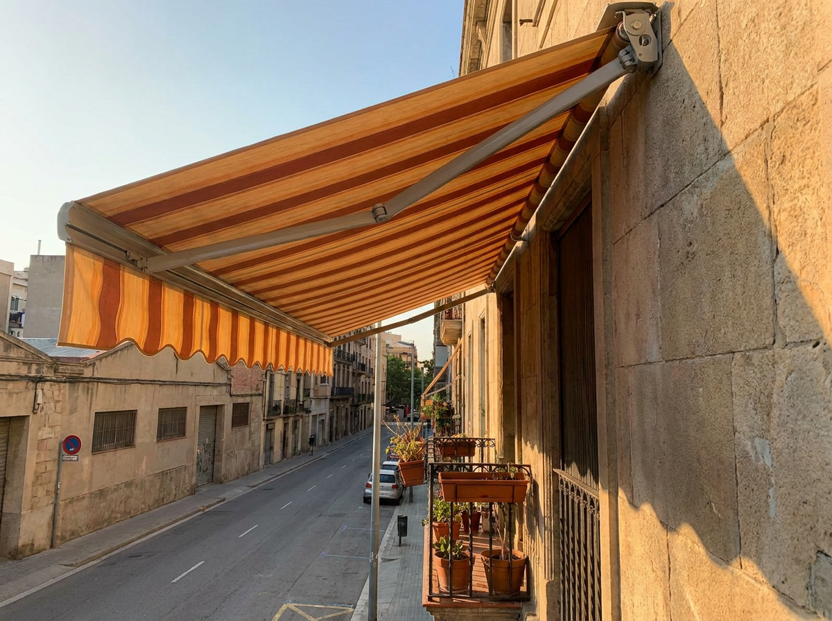 Folding-arm awning extended over a small balcony, its fabric canopy carried on hinged arms with no posts below