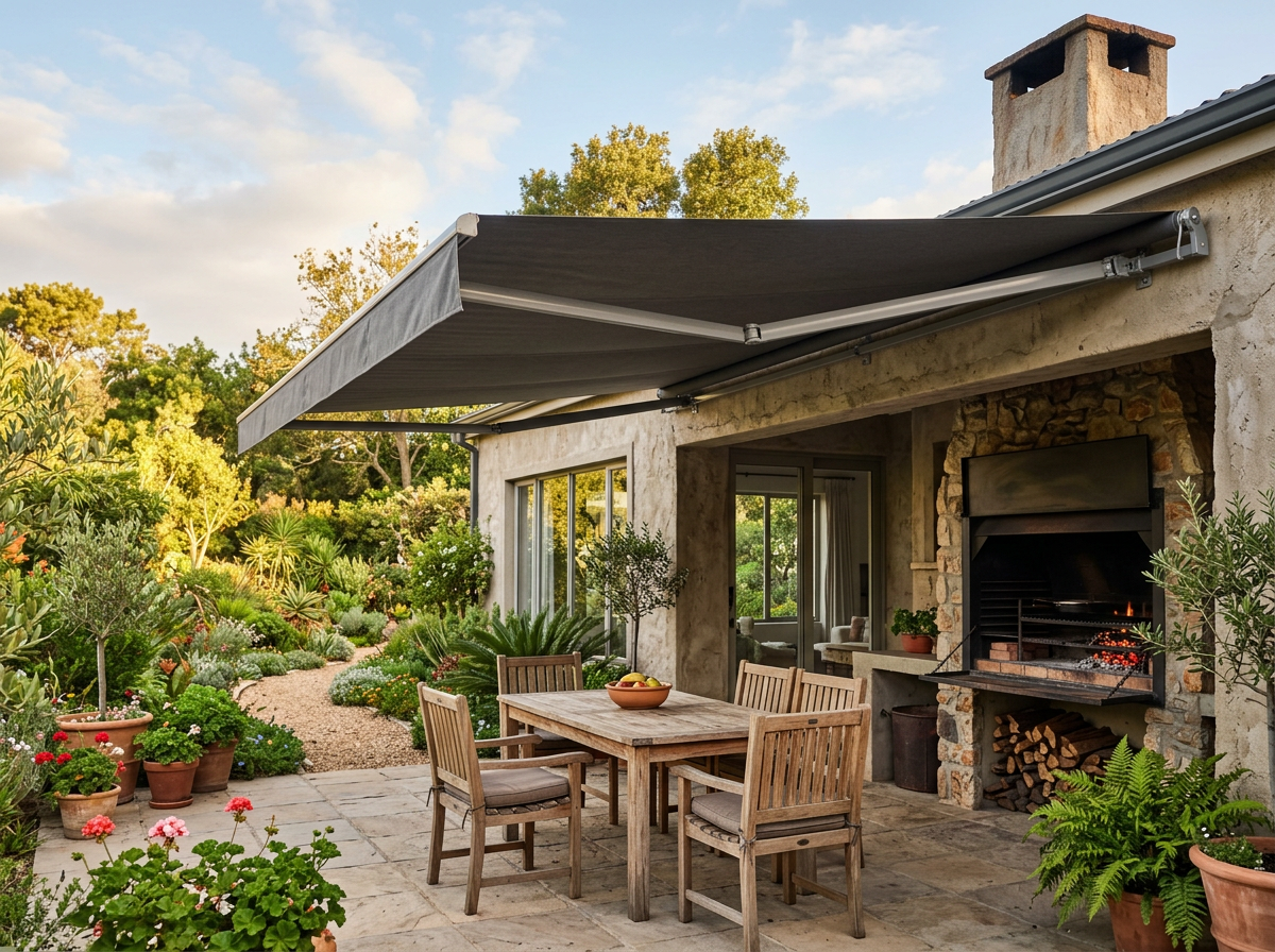 Folding-arm awning extended over a garden patio next to a built-in braai area, its fabric canopy carried on hinged arms with no supporting posts