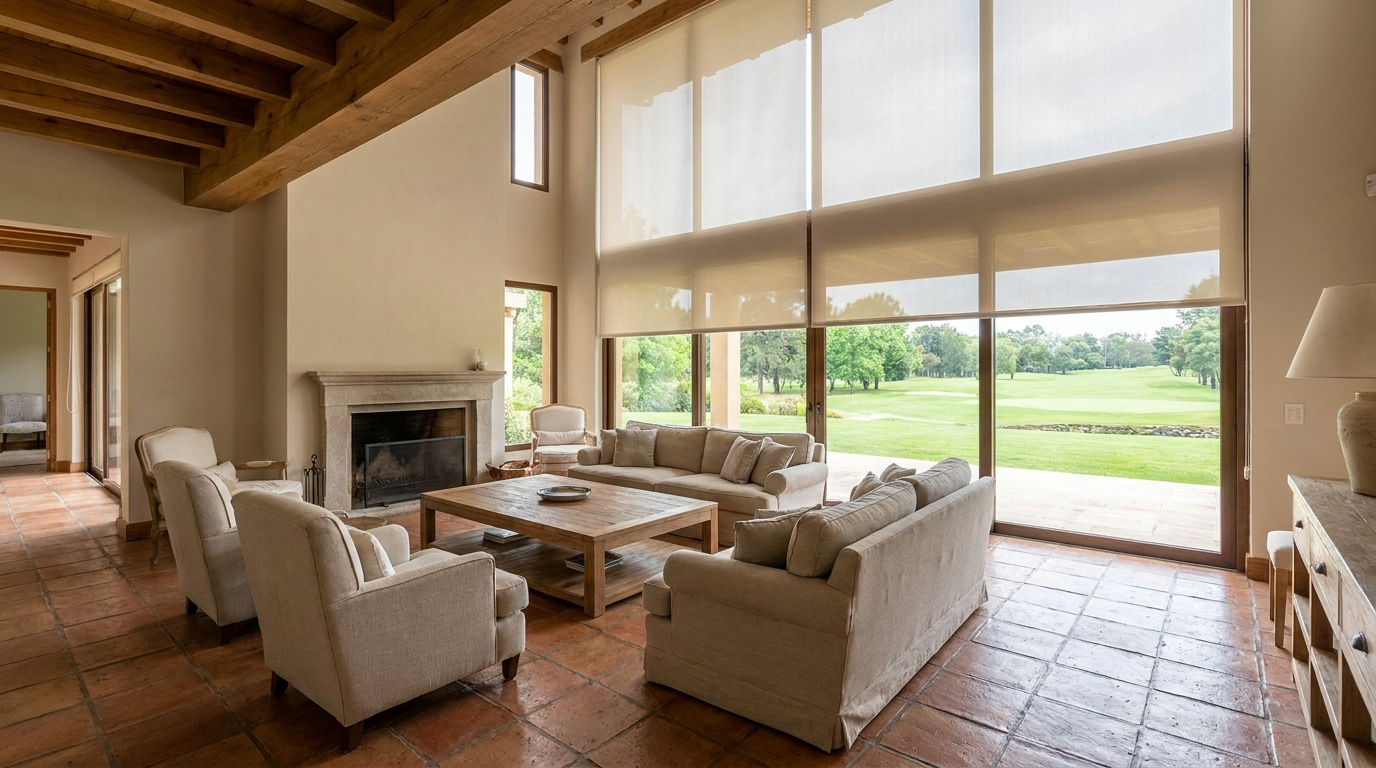 Wide double-volume estate lounge with terracotta floor tiles and a sunscreen roller blind partially raised over full-height glazing onto the golf fairway in soft midday light