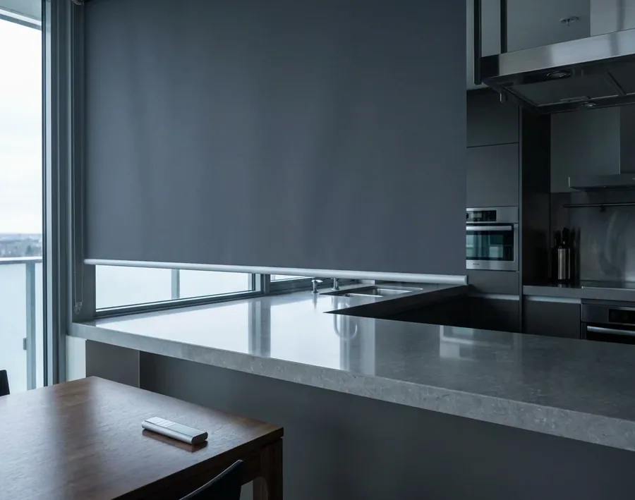 Motorised roller blind lowered across a wide kitchen window with its handheld remote on the table