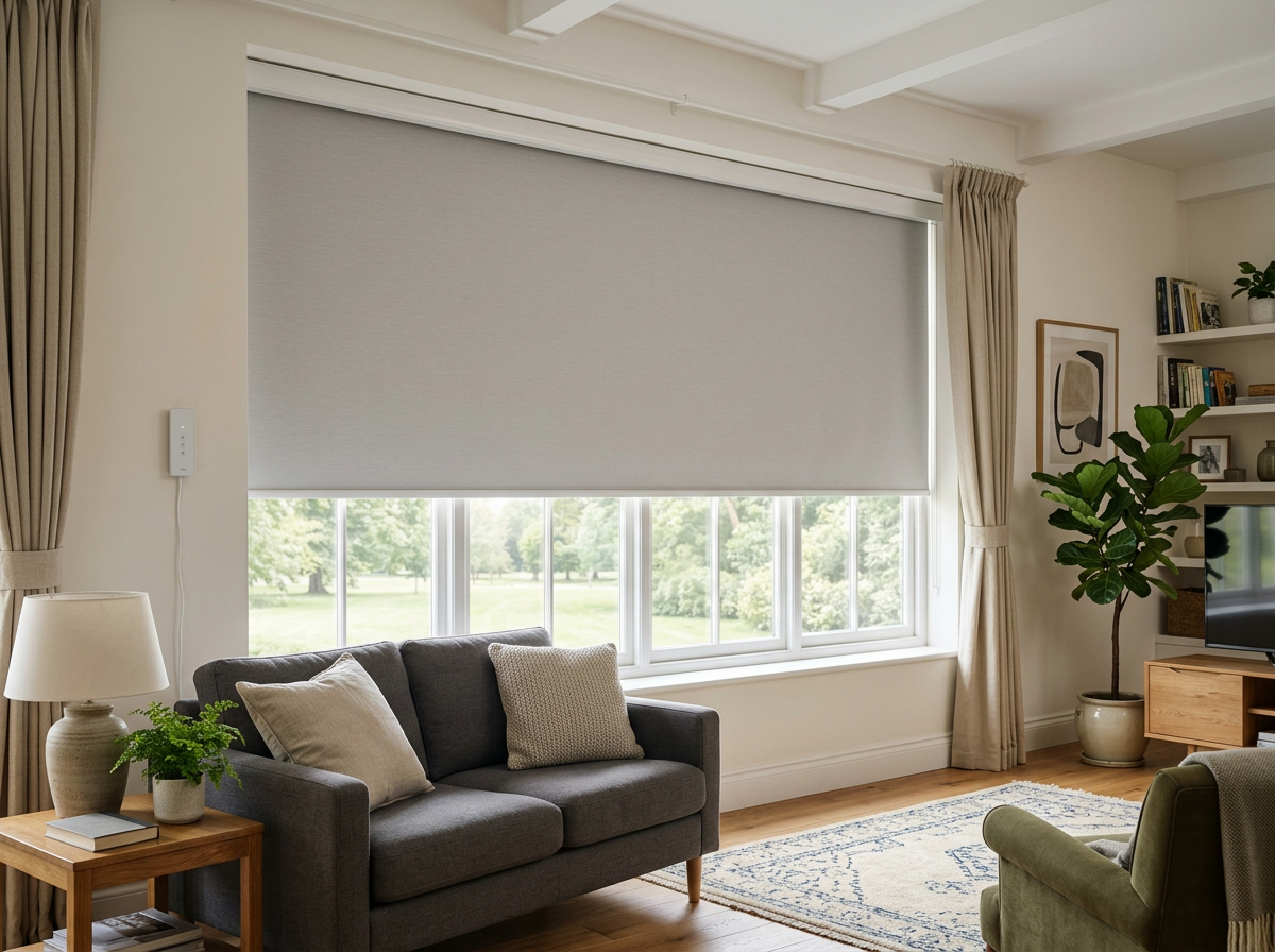 Motorised roller blind lowered across a wide living-room window with a wall-mounted control panel beside it