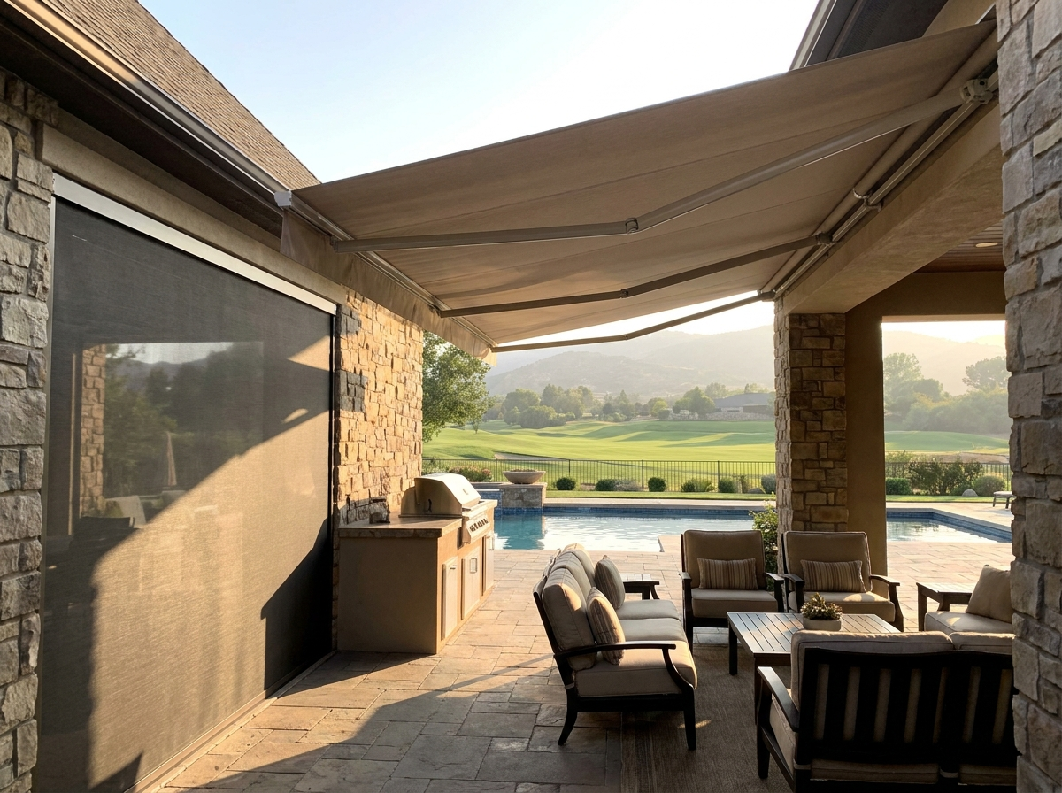 Poolside patio at a golf estate home with a folding-arm awning extended overhead and a zip screen lowered on the side against the low afternoon sun