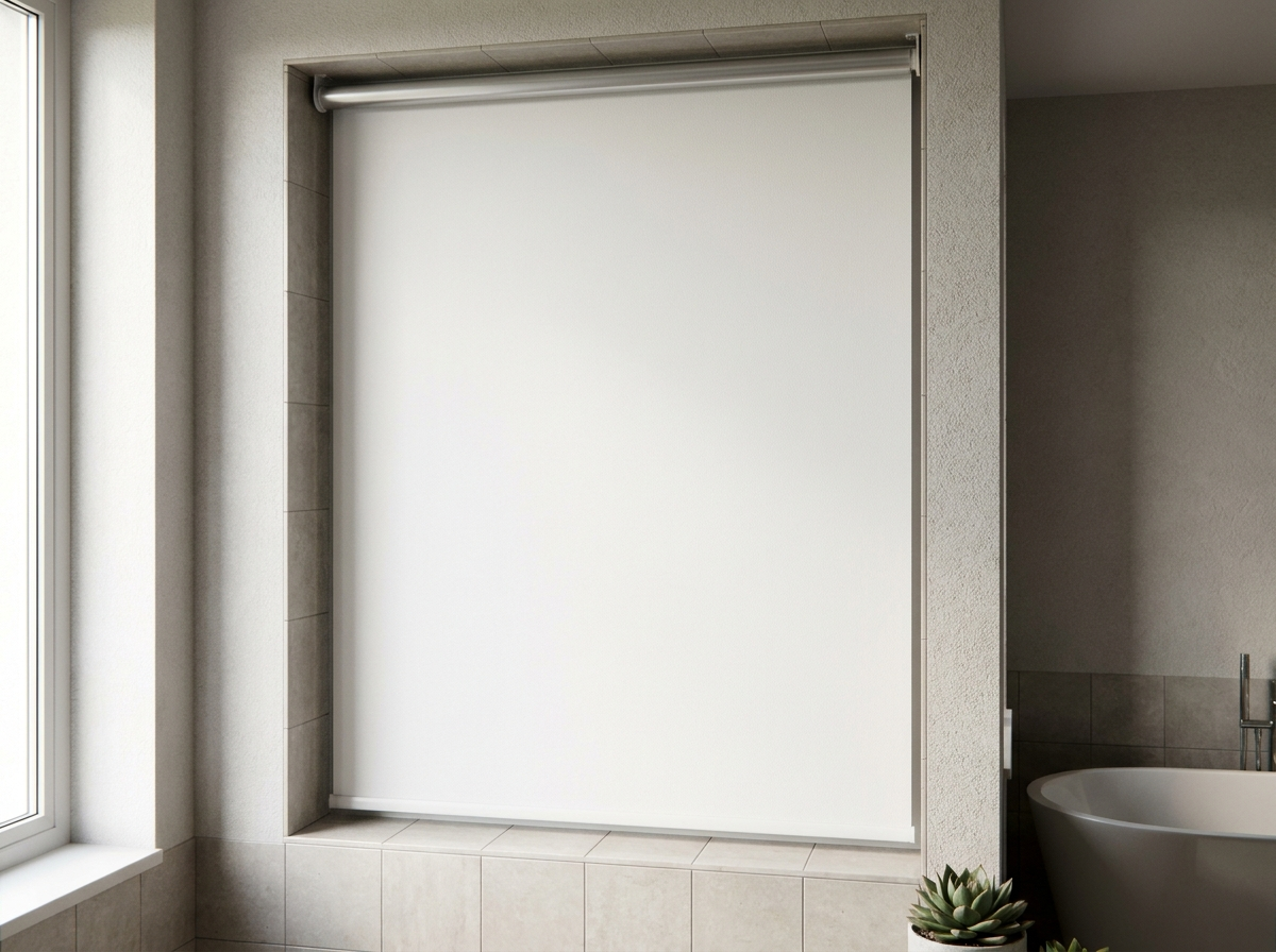 Blockout roller blind — one smooth flat fabric panel on a tube — lowered over a narrow bathroom window in a Dainfern home