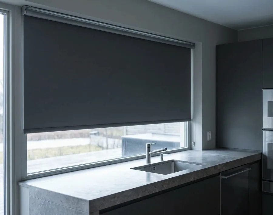 Blockout roller blind — a single smooth flat fabric panel on a tube with no folds — lowered over a wide kitchen window