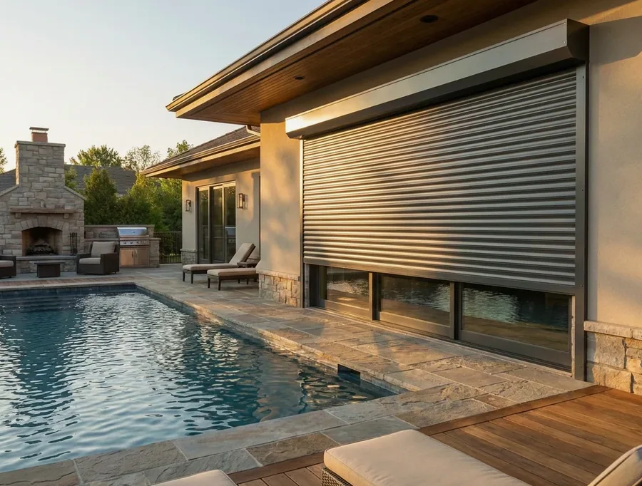 External aluminium roller shutter with rigid horizontal slats rolled part-way down over a patio window