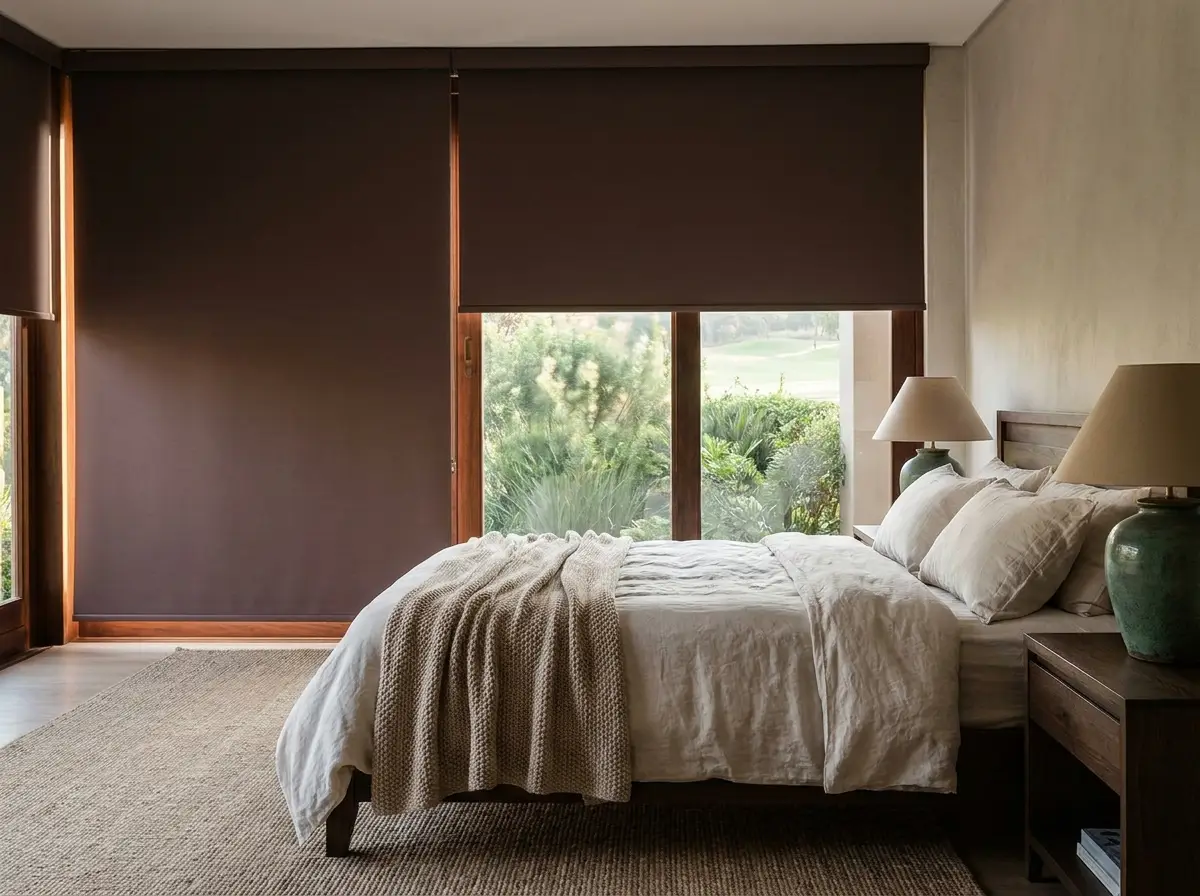 Dainfern bedroom with a dark blockout roller blind fully lowered over the window and a second one beside it