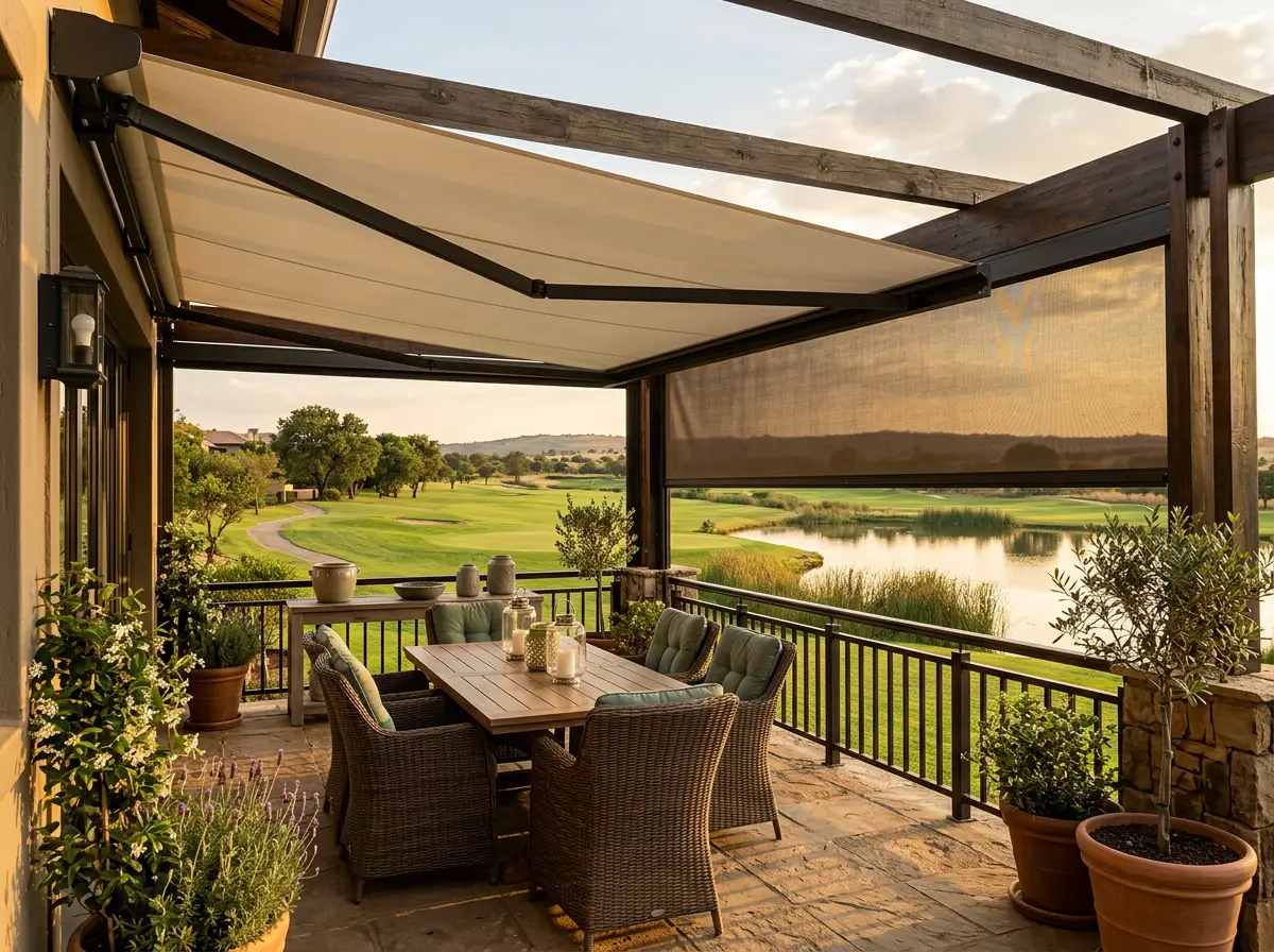 Covered patio at a golf estate home with a folding-arm awning extended and a zip screen lowered against the low afternoon sun