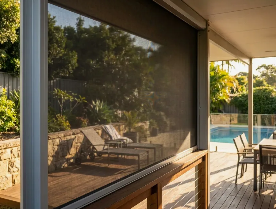Outdoor zip screen of taut mesh held in side channels, shading a covered patio while the garden stays visible through it
